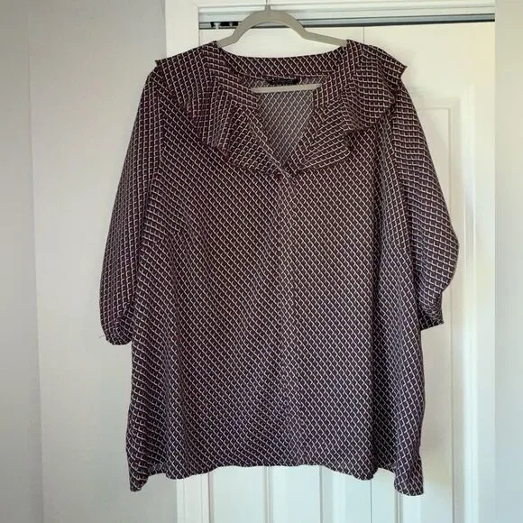 Gingham Ruffle Trim Tab Sleeve Blouse - Picture 2 of 10